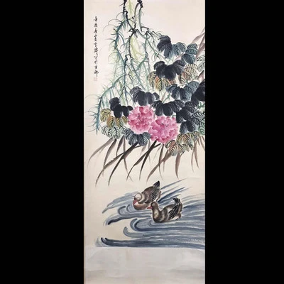 Wang Xuetao Signed Chinese Hand Painted Calligraphy Scroll w/flower N4074