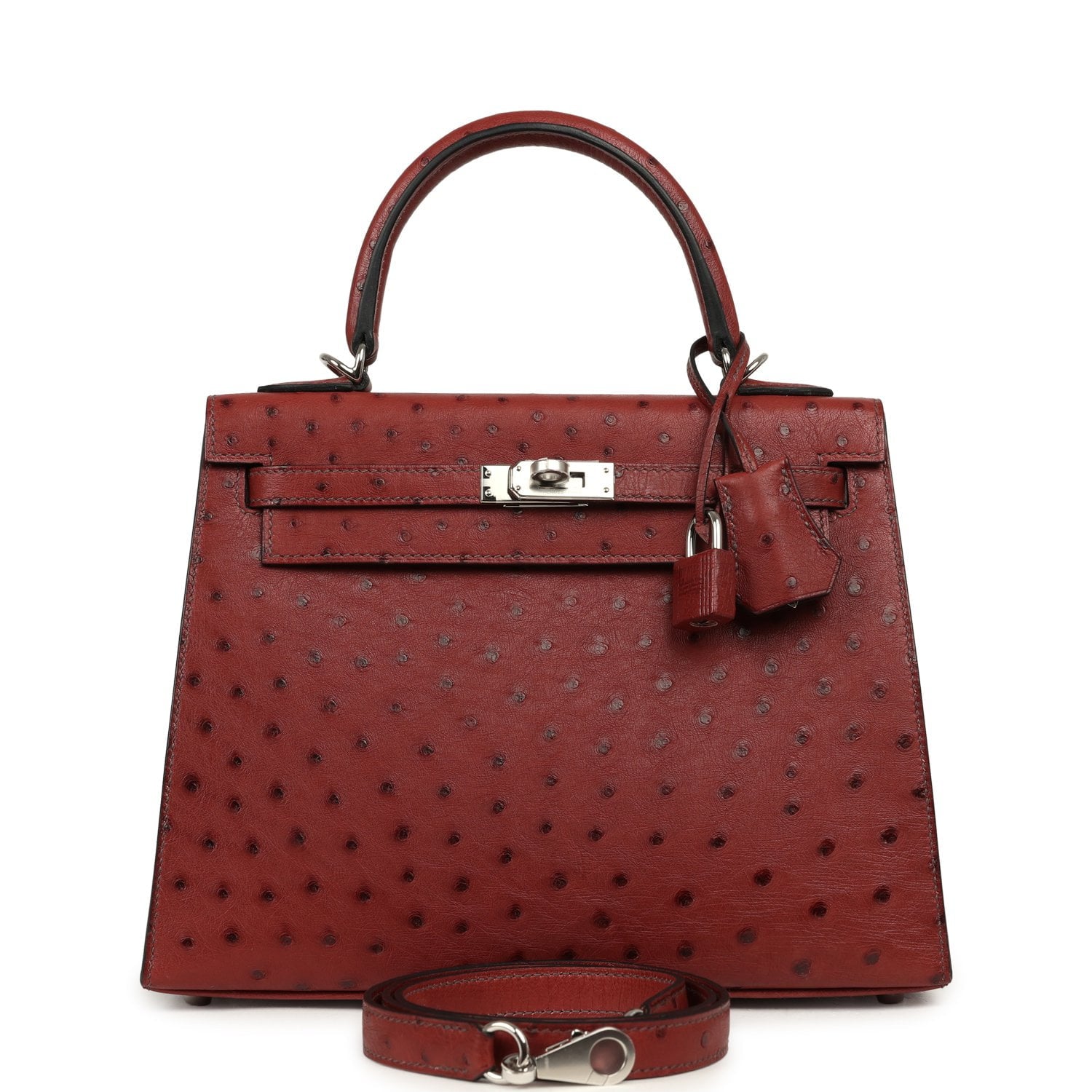 HERMÈS Kelly Sellier 25 Rouge H Ostrich Palladium Hardware