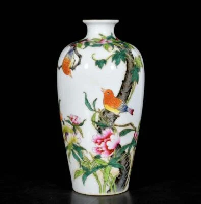 Qianlong Signed Pair Old Chinese Colour Enamel Vase W/bird N3722