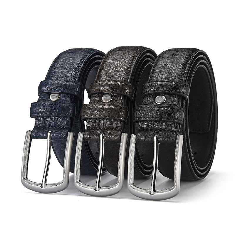 Men's Fashion Blue Ostrich Embossed Silver Buckle PU Leather Belt