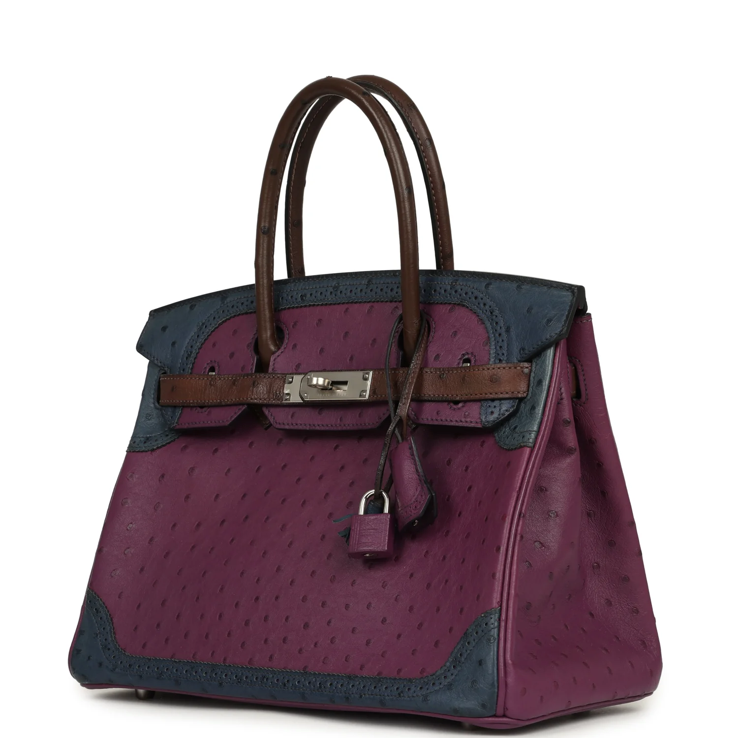 Hermes Birkin Ghillies 30 Violet, Bleu De Malte, Chocolat Ostrich Palladium Hardware