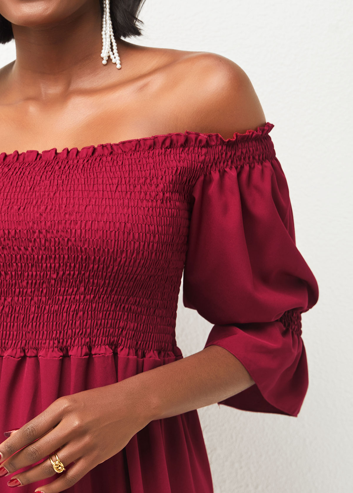 Wine Red Smocked Off Shoulder Valentines Dress