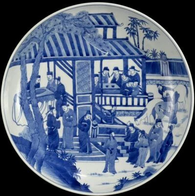 36.3CM Kangxi Signed Chinese Blue & White Porcelain Plate Dish w/figure CK431