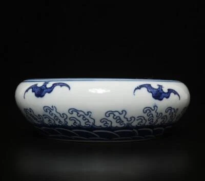 Qianlong Signed Antique Chinese Blue & White Porcelain Brush Washer w/dragon