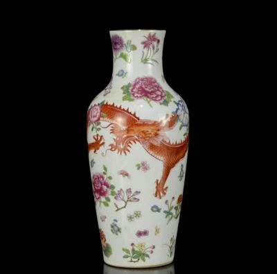 Pair Qianlong Signed Old Chinese Colour Enamel Vase W/dragon N1287