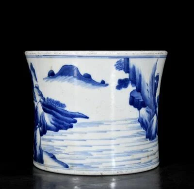 Kangxi Signed Old Chinese Blue and White Brush Pot W/landscape N3474