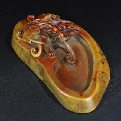 645g Signed Old Chinese Shoushan Stone Statue Brush Washer w/dragon CK252
