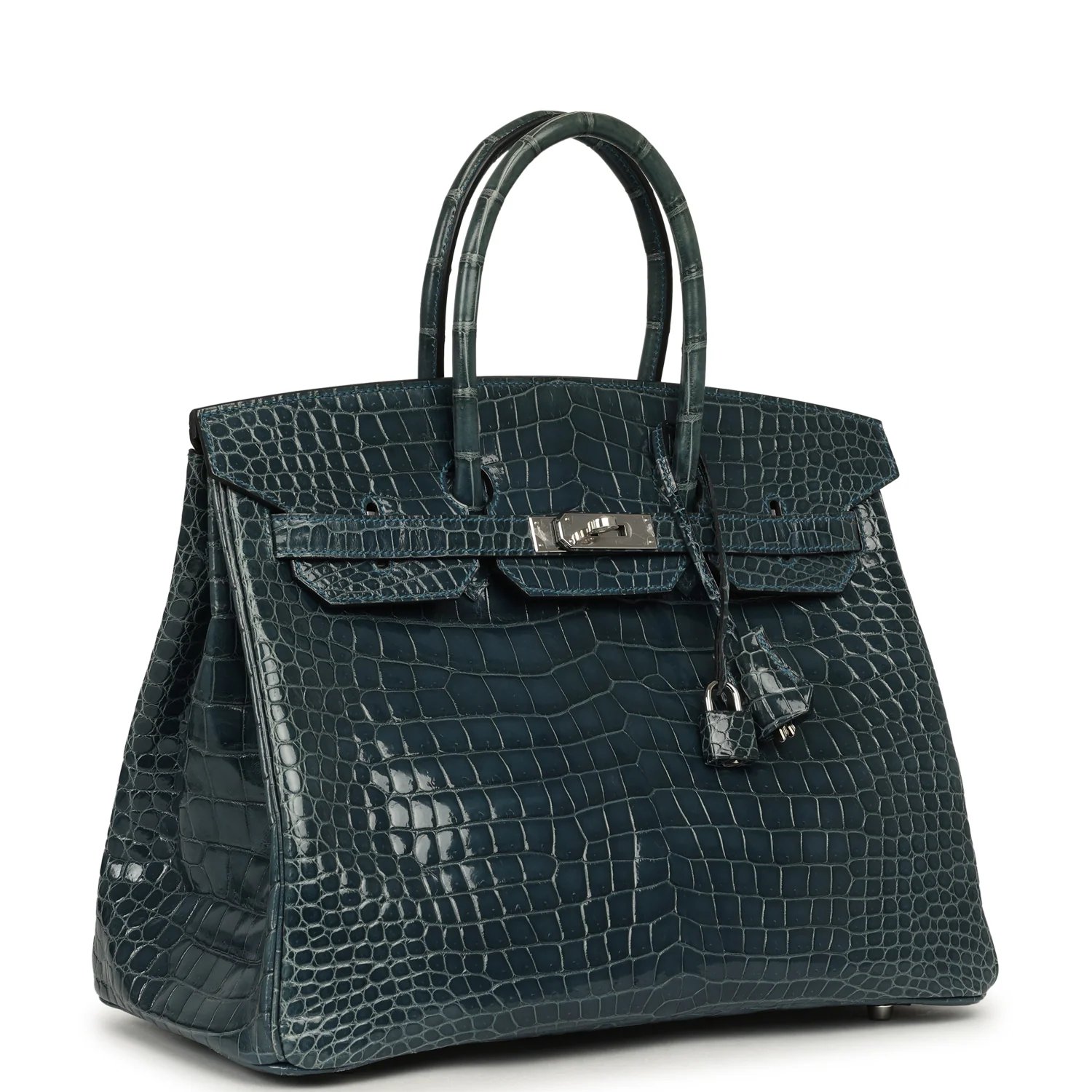 HERMÈS Birkin 35 Bleu Tempete Shiny Porosus Crocodile Palladium Hardware