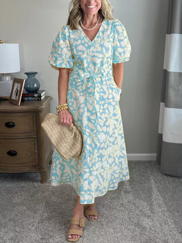 NEW🔥 V Neck Bubble Sleeve Printed Belted Dress
