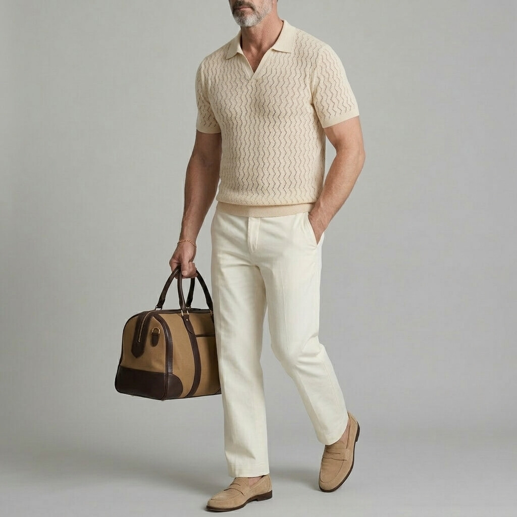 Men's Light Blue Wave Texture Hollow Out Turndown Collar Casual Polo Shirt