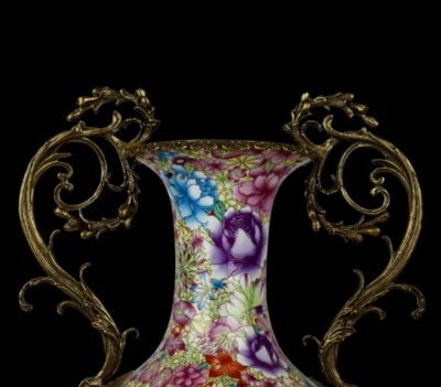 43CM Yongzheng Signed Old Chinese Famille Rose Vase w/flower N4003