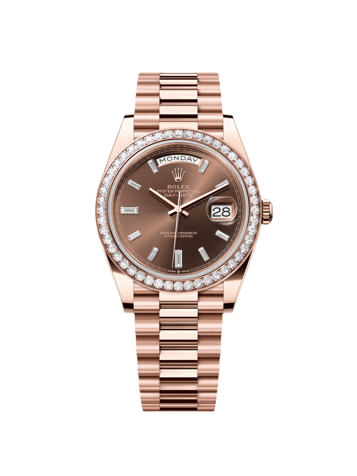 RLX  Day-Date 40mm Chocolate Baguette Diamond Dial Diamond Bezel Dial Watch 228345RBR