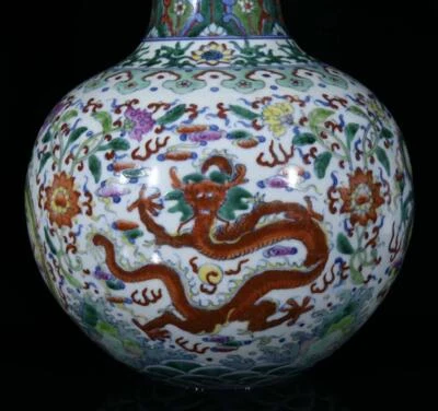 32CM Yongzheng Singed Old Chinese Doucai Vase W/dragon N3382