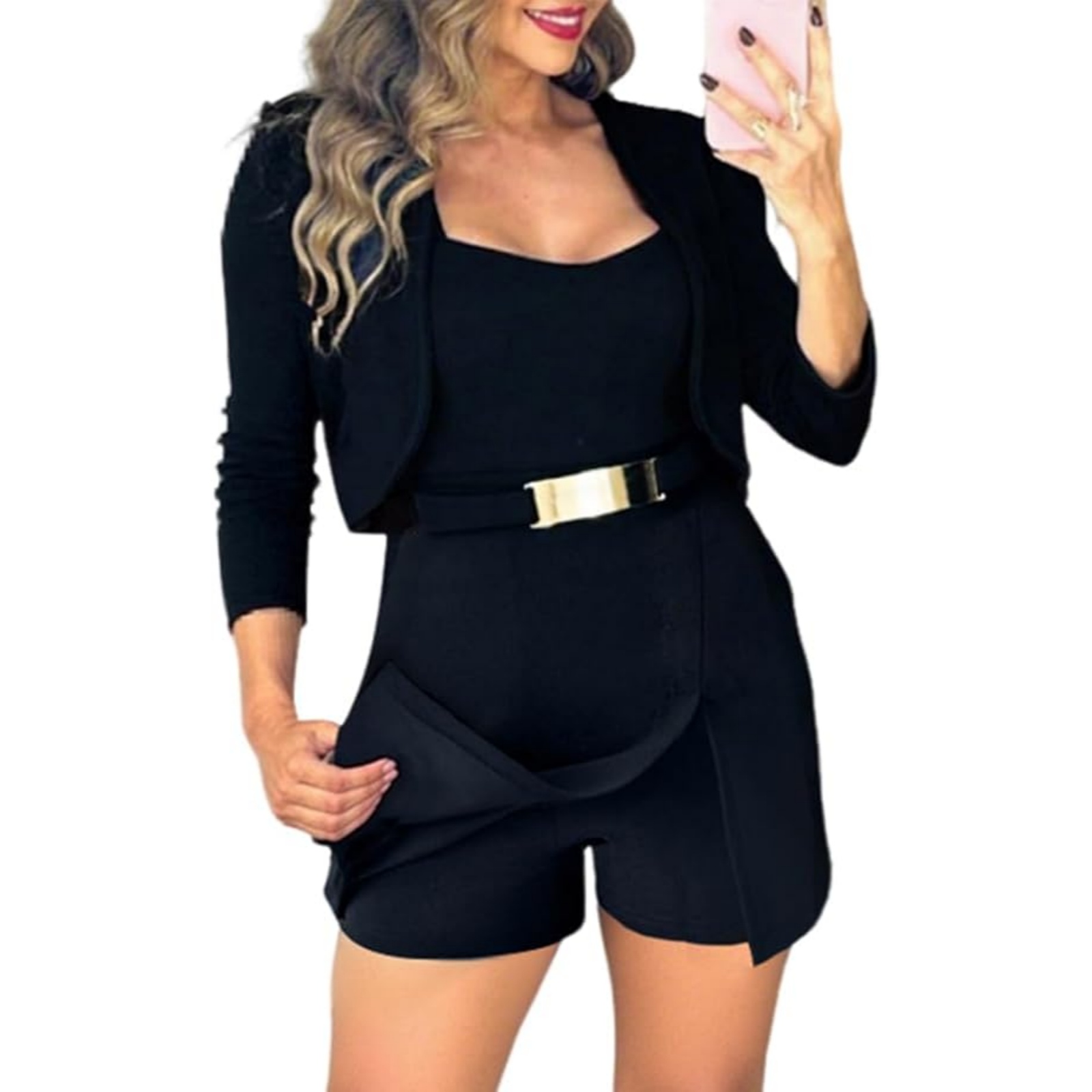 Women's 2 Pieces Outfits Thick Strap Waist Metal Decor Jumpsuit with Crop Coat Matching Set Casual Fall Outfits