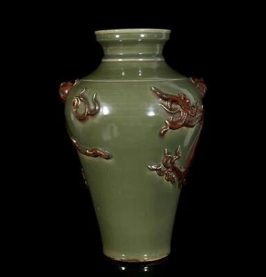 43CM Old Chinese Longquan Kiln Underglaze Red Vase w/dragon N3146