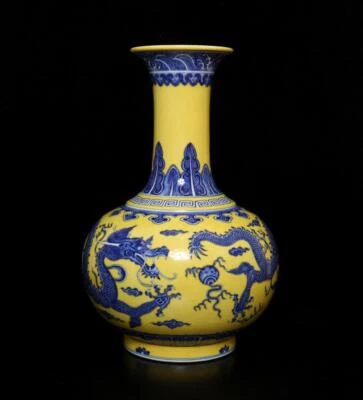 36CM Qianlong Signed Chinese Blue & White Yellow Glaze Porcelain Vase w/dragon
