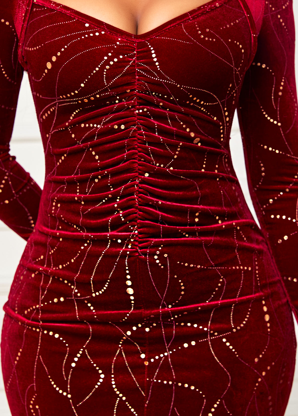 Geometric Print Velvet Wine Red Bodycon Dress