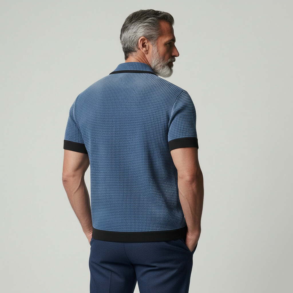 Men's Denim Blue Contrast Trim Notch Lapel Double Breasted Short Sleeve Shirt