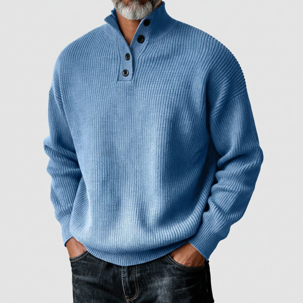 Men's Casual Sky Blue Stand Collar Half Button Long Sleeve Ribbed Knit Sweaters