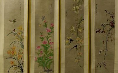 Four Mei Lanfang Signed Chinese Hand Painted Calligraphy Scroll w/flower N1799