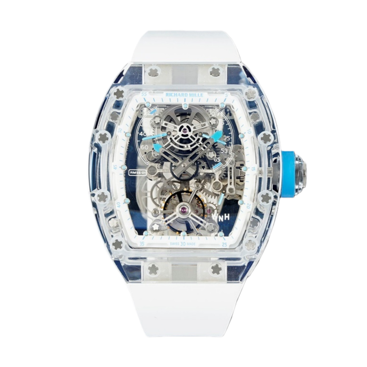 【7A Quality】Best Swiss Replica Richard Mille RM 56-01 Tourbillon 1:1Best Version Blue Crown White Strap