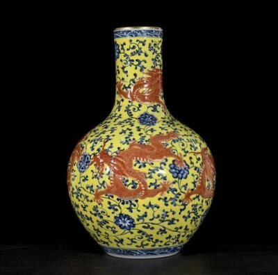 46CM Qianlong Singed Old Chinese Blue and White Vase W/dragon N3380