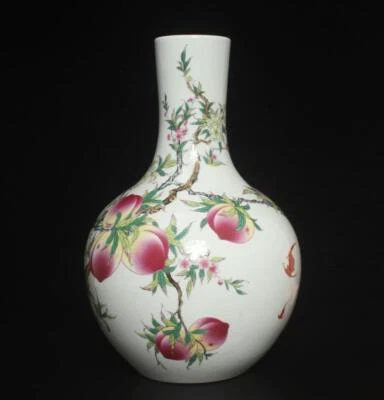 39.5CM Yongzheng Signed Chinese Famille Rose Vase W/peaches