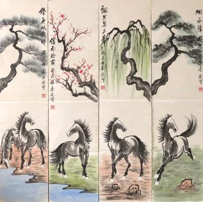 Four Xu Beihong Signed Chinese Hand Painted Calligraphy Scroll w/horse N1899