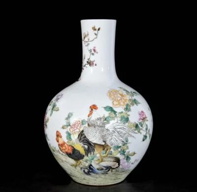 42CM Yongzheng Signed Old Chinese Colour Enamel Vase W/cock N3404