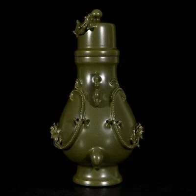 34CM Qianlong Singed Old Chinese Tea Glaze Zun Vase W/dragon N3645