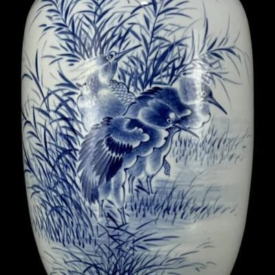 37CM Wang Bu Signed Old Chinese Blue and White Vase W/bird N1254