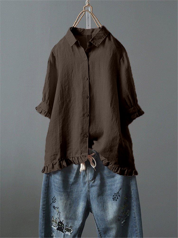 Solid Casual 3/4 Sleeve Turn-down Collar Casual Tops