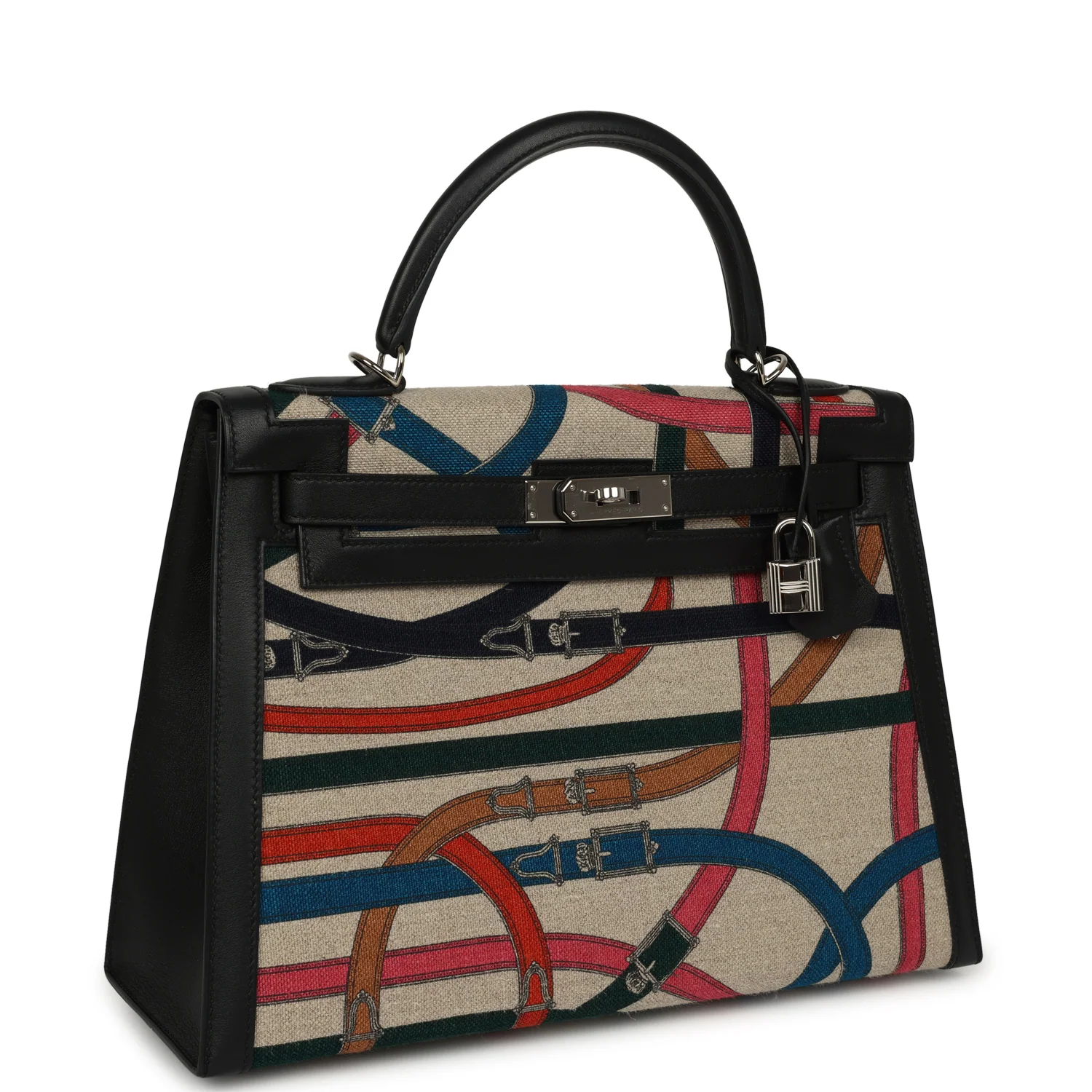 HERMÈS Kelly Sellier 32 Ficelle-Multicolor Toile De Camp Cavalcadour And Black Swift Palladium Hardware