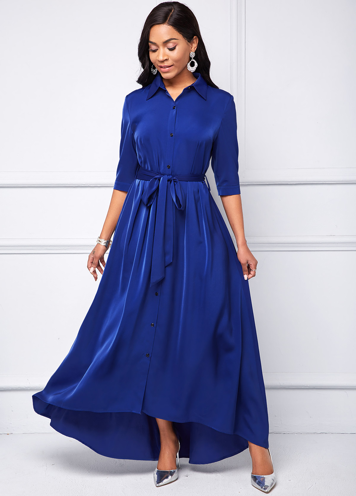 Button Up Turndown Collar Belted High Low Dress