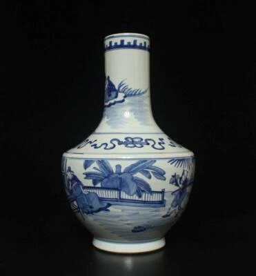 37CM Kangxi Old Signed Antique Chinese Blue & White Porcelain Pot Vase w/figure