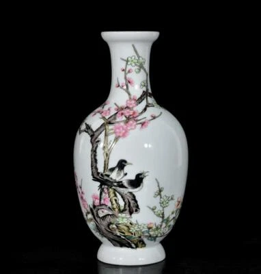 Pair Yongzheng Signed Old Chinese Colour Enamel Vase W/bird N3119