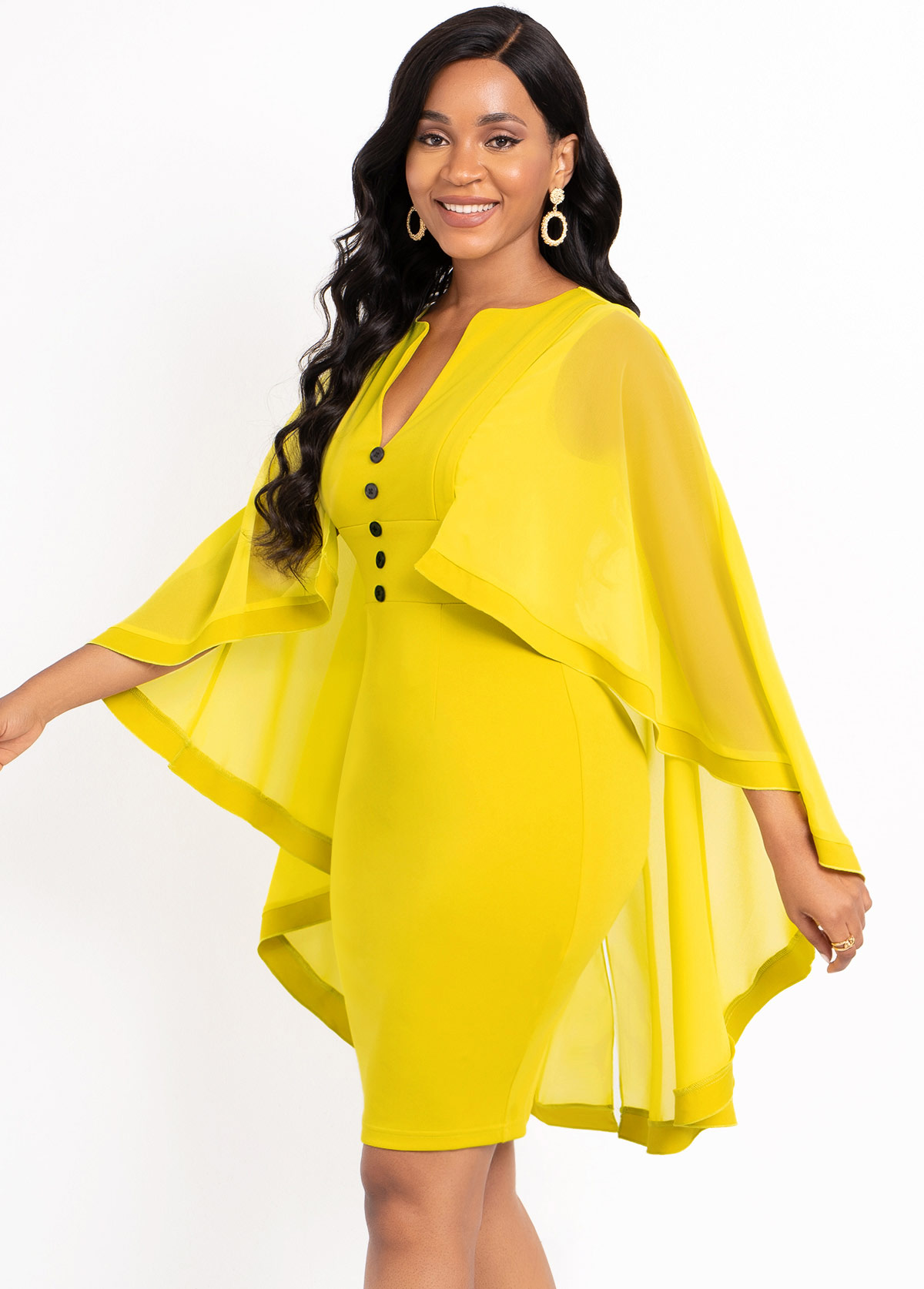 Decorative Button Mesh Stitching Yellow Cape Sleeve Dress