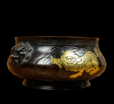 Zhengde Signed Old Chinese Red Copper Handmade Incense Burner w/lion N3840