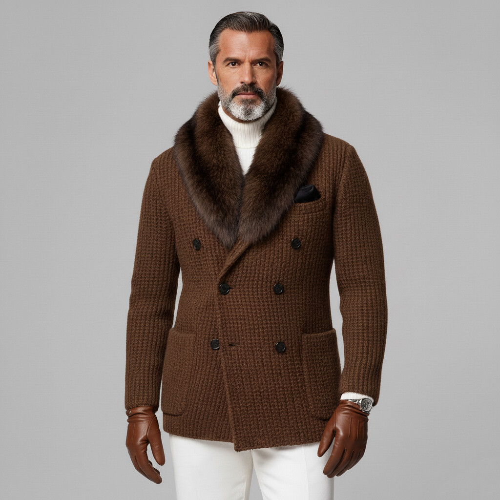 Men's Brown Furry Collar Double Breasted Long Sleeve Patch Pocket Knit Sweater Coat