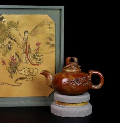 340G Old Chinese Shoushan Stone Seal Stamp Statue Teapot w/bird N1241