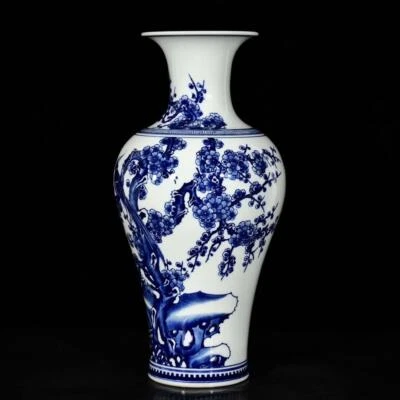 38CM Xuande Signed Old Chinese Blue and White Vase W/bird N3174