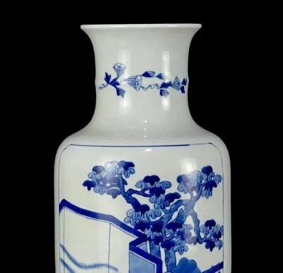 34.5CM Kangxi Signed Old Chinese Blue & White Porcelain Vase w/figure CK503