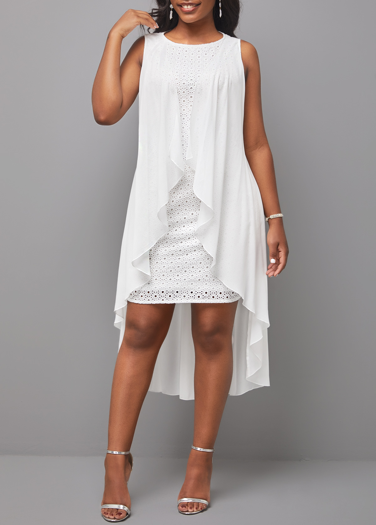 White Hollow Embroidered Round Neck Sleeveless Dress