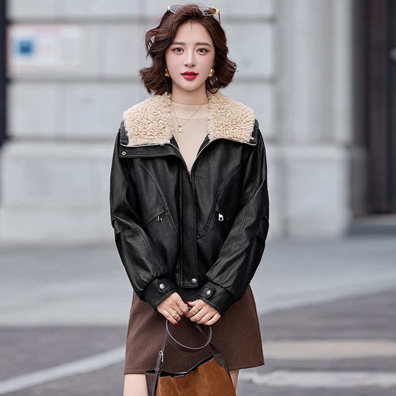 Fashion winter coat simple plus velvet leather coat