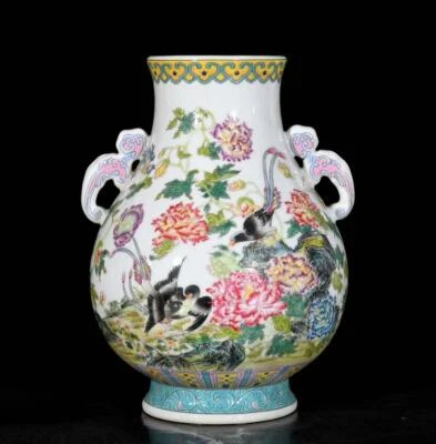 Pair Yongzheng Signed Old Chinese Colour Enamel Vase W/bird N3653