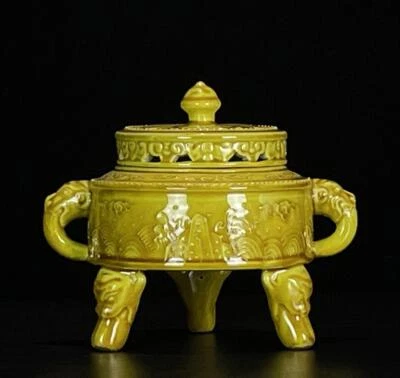 Hongzhi Signed Old Chinese Yellow Glaze Incense Burner w/dragon N542