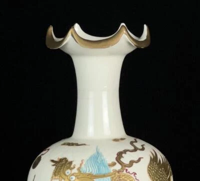 30CM Old Chinese Ding Kiln White Glaze Vase w/dragon N824
