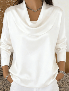 Women's shirt/blouse, solid color, fashionable long-sleeved, high-neck, regular fit top with draped neckline and pleat design.