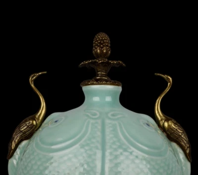 47CM Qianlong Signed Old Chinese Blue Glaze Vase w/crane N3965