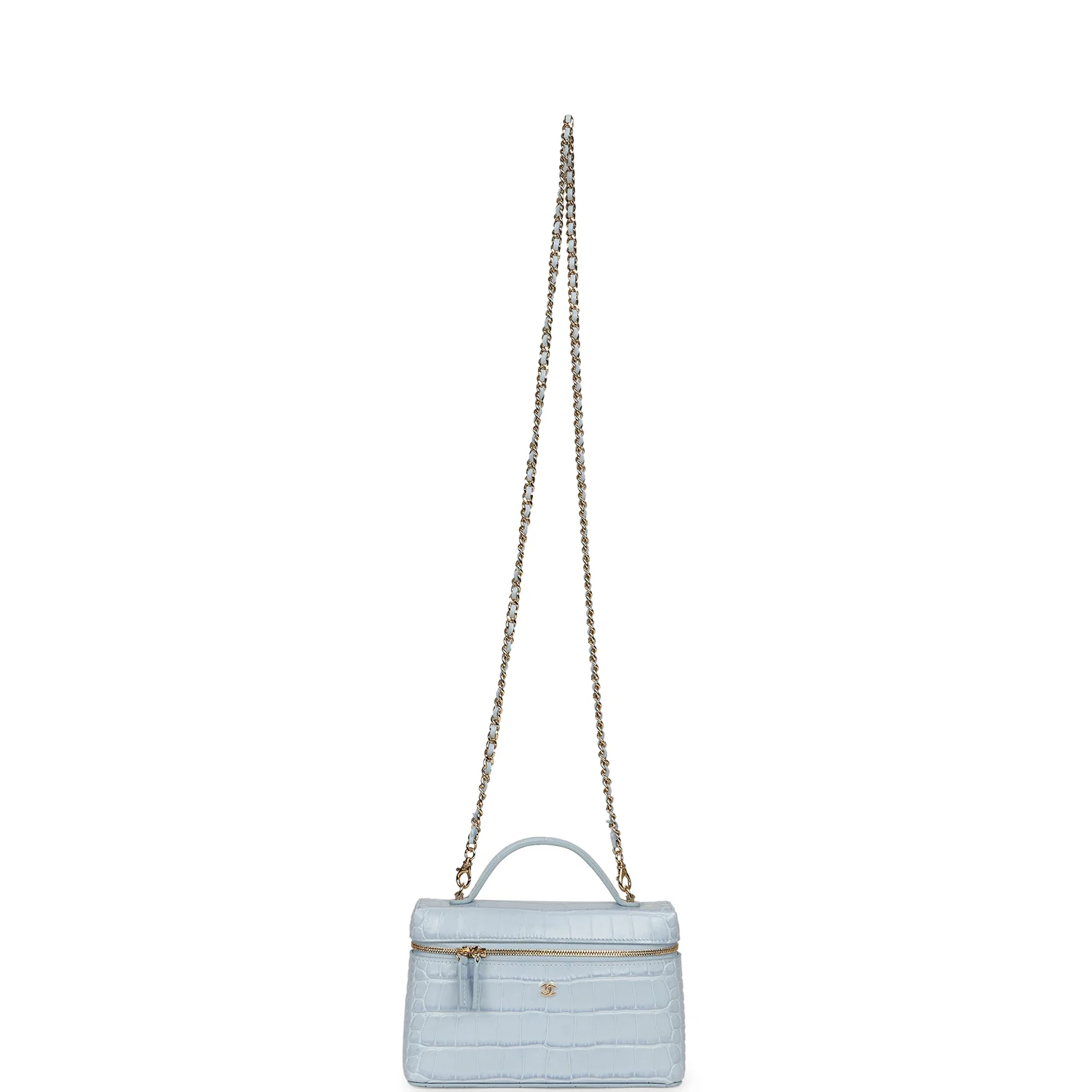 Chanel Top Handle Long Vanity Case with Chain Light Blue Croc Embossed Calfskin Gold Hardware